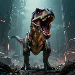 dramatic portrait of a roaring dinosaur, saliva, cyber punk, symmetry, post apocalyptic setting