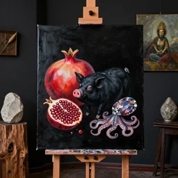 painting of a black painted canvas, on an easel in a dark room with black walls, pomegranate, a black pig - goddess, pork, octopus, large diamonds gems, stone sculpture, stone and yakisugi and oil on canvas