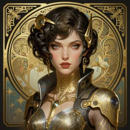 portrait of a cyberpunk art deco woman who looks like Samus Aran sci-fi, fantasy, intricate, elegant, highly detailed, digital painting, artstation, smooth, sharp focus, illustration, art by artgerm and greg rutkowski and alphonse mucha
