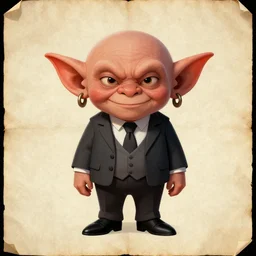charismatic goblin with little smile in suit, art on papyrus, symmetrical