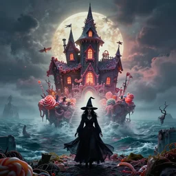 a realistic scary witch in front of a witch house which is made out of candy, floating on the ocean, epic scene, fantasy, cinematic, hyper - detailed, in the style of greg rutkowski