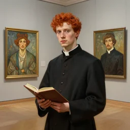 museum painting, wide - shot, beautiful young man with short curly red hair, priest clothes, with a book, sharp focus, highly detailed, digital art, oil painting, masterpiece, artgerm, rutkowski, mucha, leyendecker, kinkade