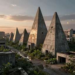 brutalist concrete pyramids by Le Corbusier, abandoned temples, empty city streetscapes, surrounded by lush green vegetation, ground-level view, puddles of water, stunning volumetric lighting, sunset, trending on Artstation, 8k, photorealistic, hyper detailed, unreal engine 5, cinematic, epic lighting, cryengine, octane render, cyberpunk,, dark, gloomy