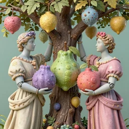 cyborgs under a tree, holding huge interesting elaborate coloured fruits. in the style of Michelangelo, with liberty and flemish baroque mixed media details. vibrant vivid 3d textures in natural pastel tones. matte background HD 8x