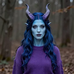 female necromancer with pale blue skin, indigo hair and curved horns wearing a purple sweater