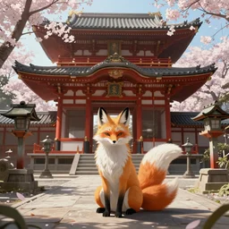 kitsune fox sitting in front of the altar in front of the japanese temple, sakura trees in the background, digital art in style of Peter Mohrbacher and Craig Mullins, epic, cinematic, detailed, trending on artstation