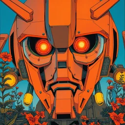 risograph grainy painting of gigantic huge evangelion - like gundam mech face, orange colors, with huge earrings and glasses with a lot of details and lasers, covered with plants, blue hour, twilight, by moebius and dirk dzimirsky and satisho kon, close - up wide portrait