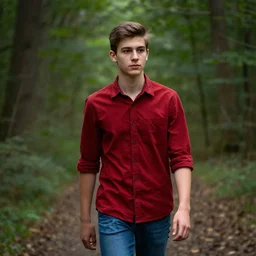 walking in forest, portrait, male teenager, detailed face, brown hair, red shirt, blue jeans, realistic photo.