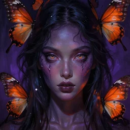 baroque neoclassicist close - up portrait of a dark retrofuturistic alien witch butterfly fairy goddess gazing intensely with big eyes. dark purple and orange light. iridescent and reflective textures. highly detailed science fiction painting by norman rockwell, frank frazetta, and syd mead. rich colors, high contrast, gloomy atmosphere. trending on artstation and behance.