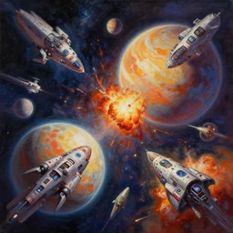 war between planets, intergalactic war with spaceships and aliens and explosions in oil painting