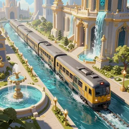 An urban train rides inside of a waterway on a fantasy city, next to a fountain and a mystical palace, waterfall, intricate, elegant, volumetric lighting, digital painting, highly detailed, artstation, sharp focus, illustration, concept art, ruan jia, steve mccurry