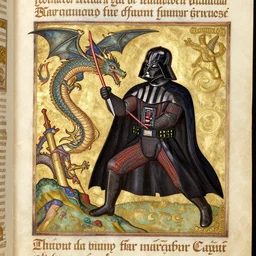 darth vader in a medieval manuscript fighting with a dragon, medieval manuscript, golden miniatures