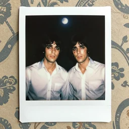 an instant photo of two beautiful but sinister men wearing oxford shirts in layers of fear, with haunted eyes and dark hair, 1 9 7 0 s, seventies, wallpaper, a little blood, moonlight showing injuries, delicate embellishments, painterly, offset printing technique, by brom, robert henri, walter popp