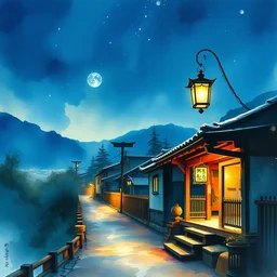 paint brush strokes, abstract watercolor painting of japanese village at nightfall, lantern, ambient lighting, art by hans dahl, by jesper ejsing, art by anders zorn, wonderful masterpiece by greg rutkowski, cinematic light, american romanticism by greg manchess, creation by tyler edlin
