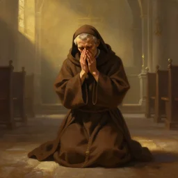 symmetry!! oil painting of a weeping tonsured dominican monk in a brown habit, kneeling in a dark empty chapel, hazy, digital art, artstation, cinematic, golden hour, digital art painting by greg rutkowski, cozy atmosphere, cinematic lighting