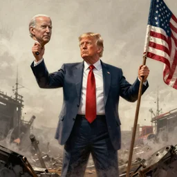 Donald Trump as Rambo, holding the head of Biden in left hand and the American flag in right hand, post apocalyptic, wartorn, matte painting, masterpiece