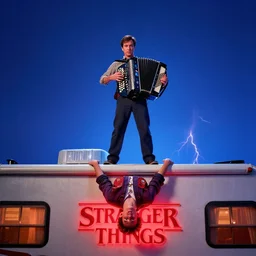 dwight schrute ( the office, rainn wilson ), playing accordion, standing atop rv, stranger things upside down, blue volumetric lighting, red lightning, set photo, photorealistic, ultra wide angle