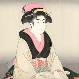 detailed Japanese woodblock print of a geisha with pink hair sitting by a blue lake, cinematic view, vibrant colors, in the style of Hasui Kawase