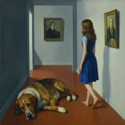 a painting of a girl walking in a hallway and finds a giant dog sleeping on the floor blocking her way, a highly detailed edward hopper painting, by adrian ghenie and gerhard richter, art by remedios varo, masterpiece, flat surreal design with deep colours. 8 k. artstation