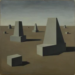 surrealist painting by kay sage depicting a desolate landscape of flat, abstract geometric structures