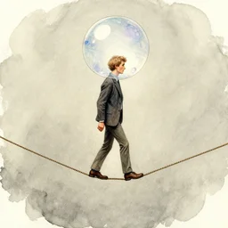 guy with a bubble bubble head walking on a tightrope, ink and watercolor illustration masterpiece, perfectly realistic yet surreal, by mœbius