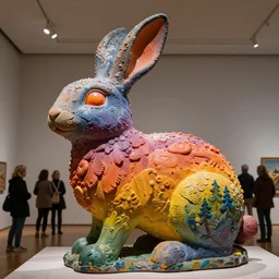 stunning colorful intriguing polished painted massive clay sculpture of a mythic rabbit animal by beth cavener in a museum. painted color gradient fading. sub scattering. eyes specular highlight - - with help of ellen jewett, beth cavener, sayaka ganz, edouard martinet, john o'reilly and judith klausner