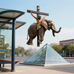 a perfect technicolor photograph of elephant crucified to a bus shelter, levitating and vibrating in synchrony with a glass pyramid.