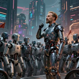 (((robot revolutionary))) speaking to a crowd of robots amid the backdrop of a cyberpunk city in the socialist realist style of lenin speaking to the red army by isaac brodsky