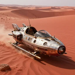 steampunk hovercraft speeding across a red desert, greg rutkowski, 8 k, shallow depth of field, intricate detail, concept art,