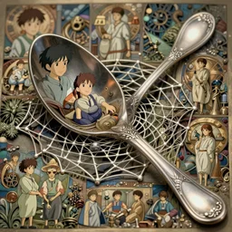 twist your tiny lies into the spoon, spinning a web with your metallurgy. by hayao miyazaki and rossdraws and artgerm and greg rutkowski and alphonse mucha and studio ghibli. high quality, stunning, intricate detailed environment. 8 k