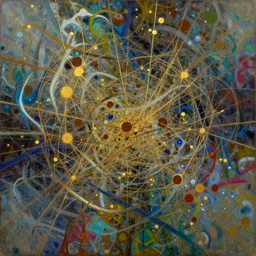 an intricate and complex abstract painting with a lot of stains, golden threads, brown holes, surreal style, colorful, hyper detailed, jackson pollock,