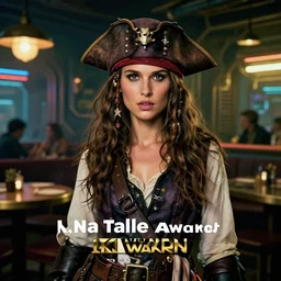 a high quality portrait of natalie portman as a pirate in a cyberpunk cyberpunk cyberpunk cafe, realism, 8k, award winning photo