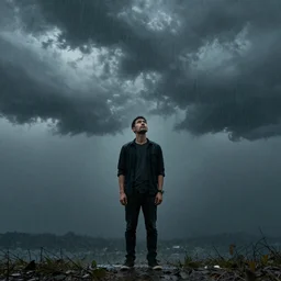 a man standing in the rain looking up toward the sky pondering life storm color scheme