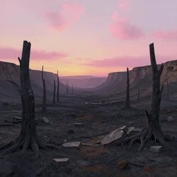 a painting of a desolate valley with black tree stumps and broken stone. scorched earth, sunset, a detailed matte painting by marc simonetti, deviantart, terragen, pink clouds, pastel sky, trending on artstation