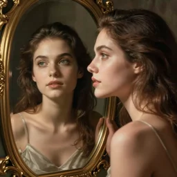 human holograph looking to his refelection in mirror