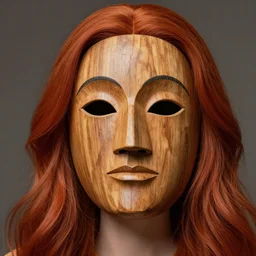 woman with wooden mask, long red hair highly detailed, 8 k, hdr, smooth, sharp focus, high resolution, award - winning photo
