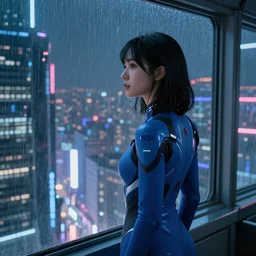 in the style of vicent di fate, a young beautiful attractive girl in in a blue cyber suit is looking out of a window at a vast futuristic neon city at night, the city fills the background, it is raining ,very highly detailed, 8k wallpaper