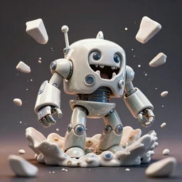 dissection of crazy ceramic exploding miniature toy Figure Robot scientist monster 8K, zbrush, c4d, in a Studio hollow, surrounded by flying parts, from avengers, explosion drawing