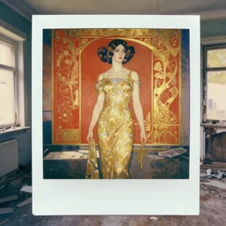 an elegant girl in a liminal abandoned room, red and gold, old polaroid by goya, by michelangelo, digital painting, jugendstil, art noveau, strong lights, flat colors, pastel colors,