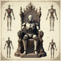 anatomy of the vitruvian terminator, robot, cyborg, t 1 0 0, bloodborne diagrams, mystical, sat on robot throne, intricate ornamental tower floral flourishes, rule of thirds, technology meets fantasy, map, infographic, concept art, art station, style of wes anderson