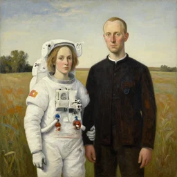 “a painting by Grant Wood of an astronaut couple, american gothic style”