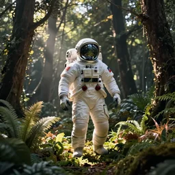 prometheus astronaut in the forest with plants environment ,wide angle low, cinematic atmospheric lighthing, octane render, by craig mullin,