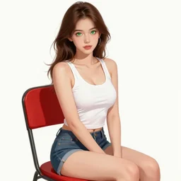 sexy girl with brown hair and green eyes, tanktop, shorts earring, sitting in a chair, painted with red and black color palette, in the style of and ilya kuvshinov and greg rutkowski, high quality anime artstyle, intricate