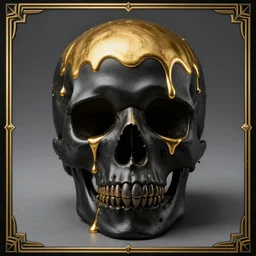 a matte, black skull that is cut in half and has shinny, liquid gold paint dripping over it, with an art deco boarder, high quality, photo realistic, studio lighting