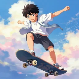 a young anime boy riding a skateboard in the sky, colorful clouds, an ultrafine hyperdetailed illustration by akihiko yoshida, makoto shinkai, greg rutkowski, intricate linework, global illumination, detailed and intricate environment, dream setting, final fantasy, trending on art station.
