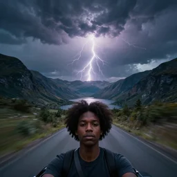 black trans - am driving towards the camera, stranger things the upside down, mountain, valley, breathtaking mountains, lake, dynamic, cinematic, motionblur, volumetric lighting, wide shot, low angle, large lightning storm, mindflayer