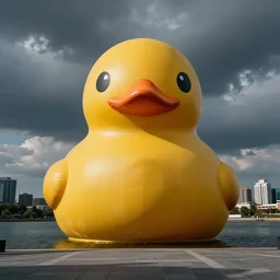 a mile tall rubber duck in a city, point of view looking up from the street, photograph