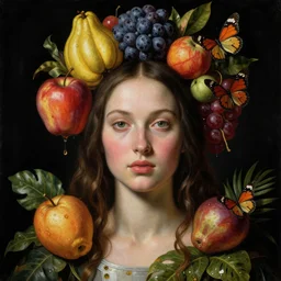 a close - up portrait of a futuristic tropical woman with colorful airborne fruit and butterflies. studio lighting. black background. highly detailed science - fiction painting by norman rockwell, moebius, frank frazetta, syd mead, and giuseppe arcimboldo. rich colors, high contrast. renaissance masterpiece. artstation