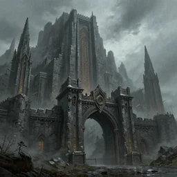 giant gate to a dwarven city on the side of a mountain, brutalistic style, digital painting, rainy, grimdark