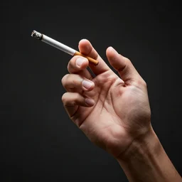 professional portrait of hand, hand holding lit cigarette, sharp focus, hdr, caustic lights, volumetric lighting, atmospheric lighting
